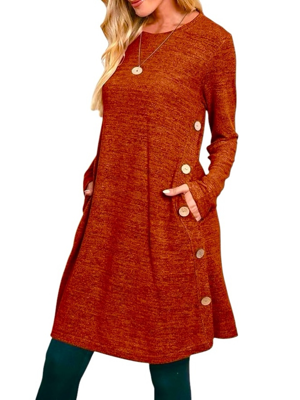 OFEEFAN Long Sleeve Dress Fall Orange Crew Neck Tunic Button Dress with Pocket 2